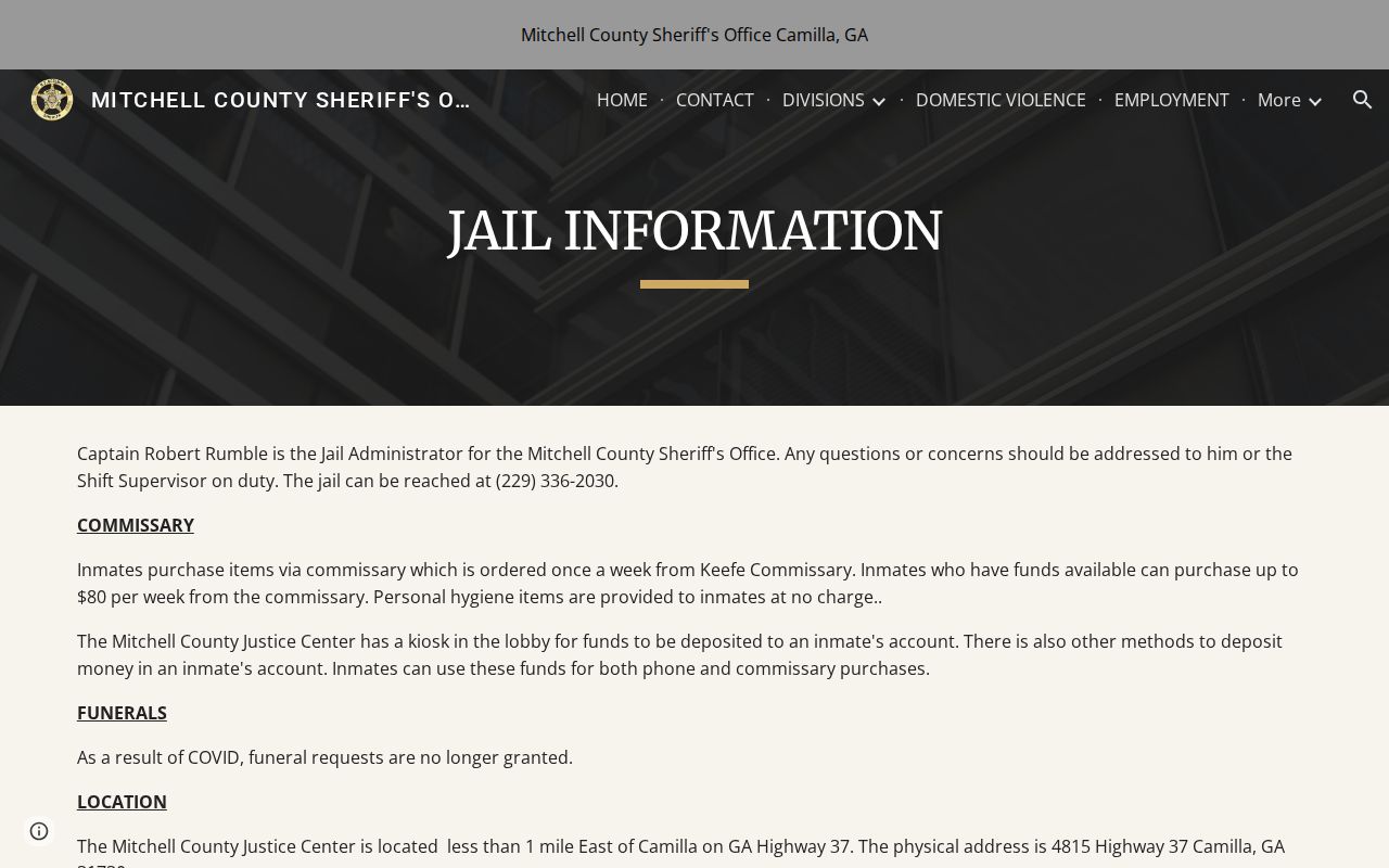 Mitchell County Justice Center jail information page, not an online booking roster